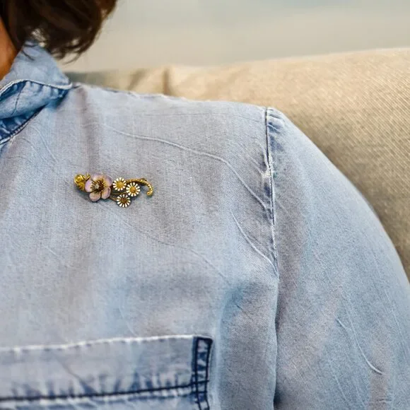 ART NOUVEAU 1900 Edwardian Enameled Flowers Brooch In 18Kt Diamond - Picture 2 of 8